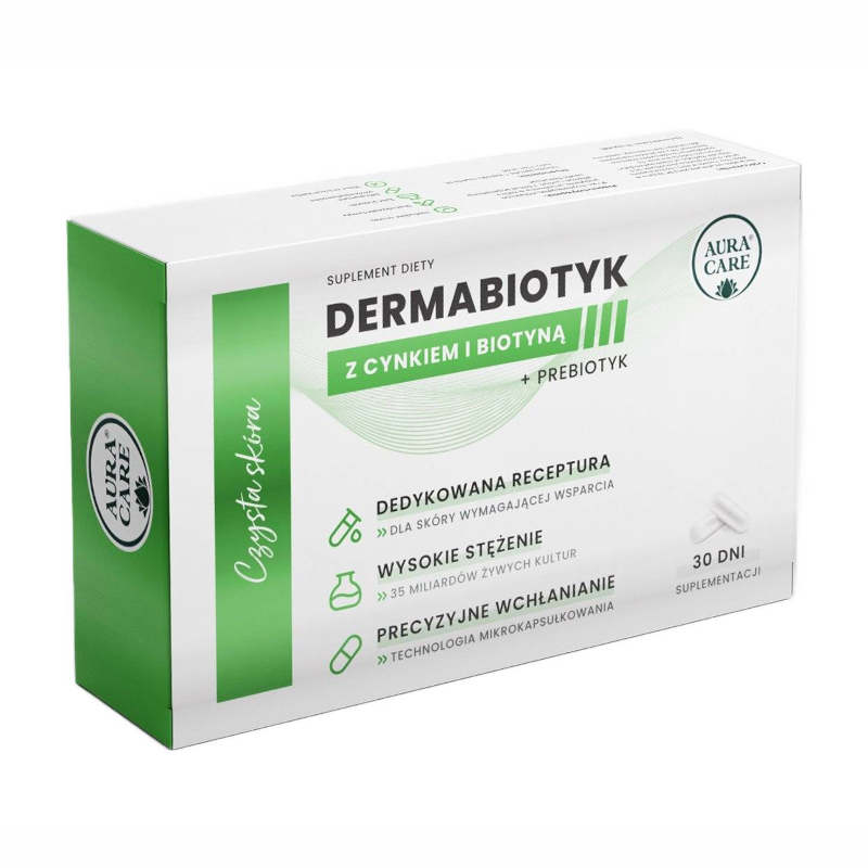 Opakowanie suplementu diety \'Dermabiotyk z cynkiem i biotyną + prebiotyk\' marki Aura Care. Na opakowaniu widnieją informacje: \'Dedykowana receptura\', \'Wysokie stężenie\', \'Precyzyjne wchłanianie\', oraz \'30 dni suplementacji\'.