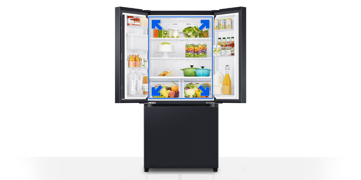 Ten obrazek przedstawia lodówkę Multidoor Samsung RF50C530EB1, która oferuje znacznie więcej miejsca na artykuły spożywcze niż tradycyjne modele