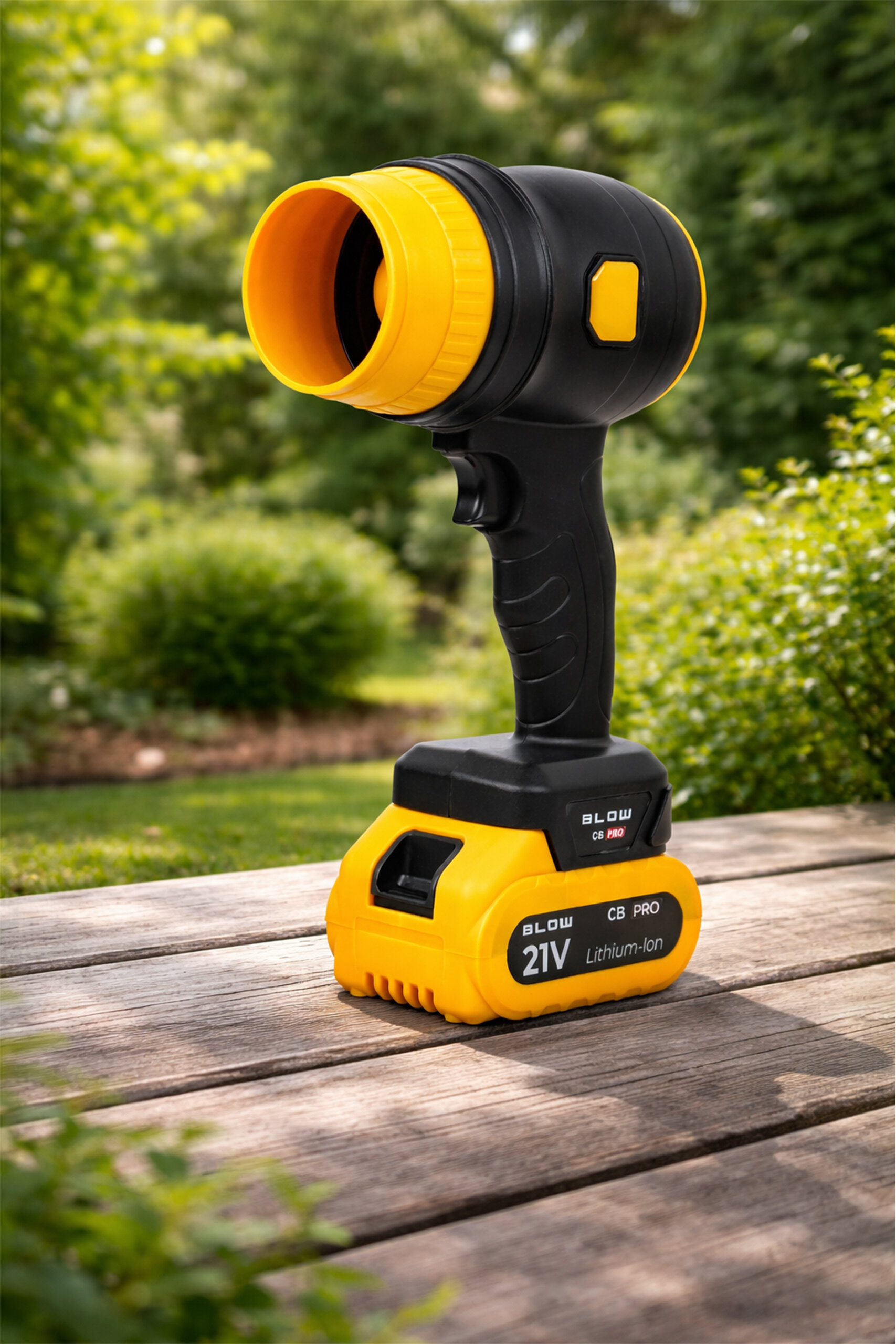 Na drewnianym stole stoi czarno-żółta dmuchawa akumulatorowa z widocznym napisem \'BLOW 21V CB PRO Lithium-Ion\'. W tle znajduje się zielony ogród.