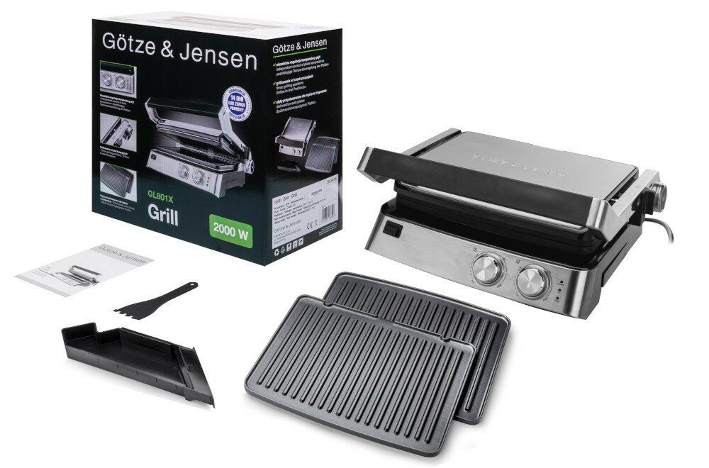 Grill elektryczny GÖTZE & JENSEN GL801X Inox 2000W kontaktowy zestaw zawartosc opakowania wyjmowane plytki tacka na tluszcz