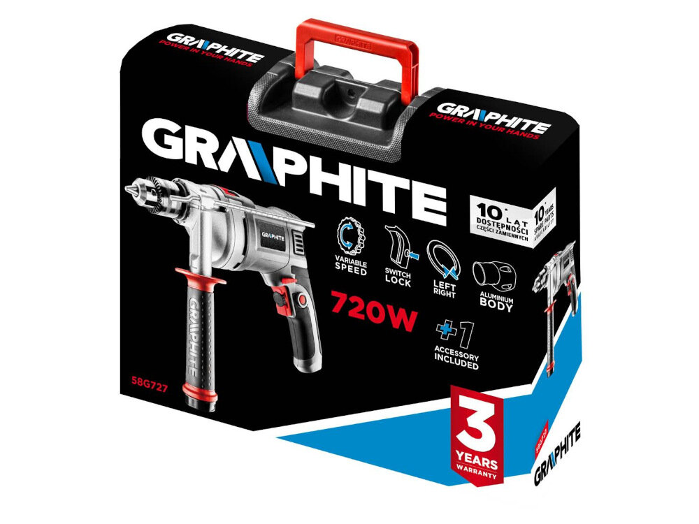 Wiertarka udarowa GRAPHITE 58G727 wysokiej klasy elektronarzędzie walizka transportowa z bardzo mocnego tworzywa sztucznego odporne na uszkodzenia mechaniczne