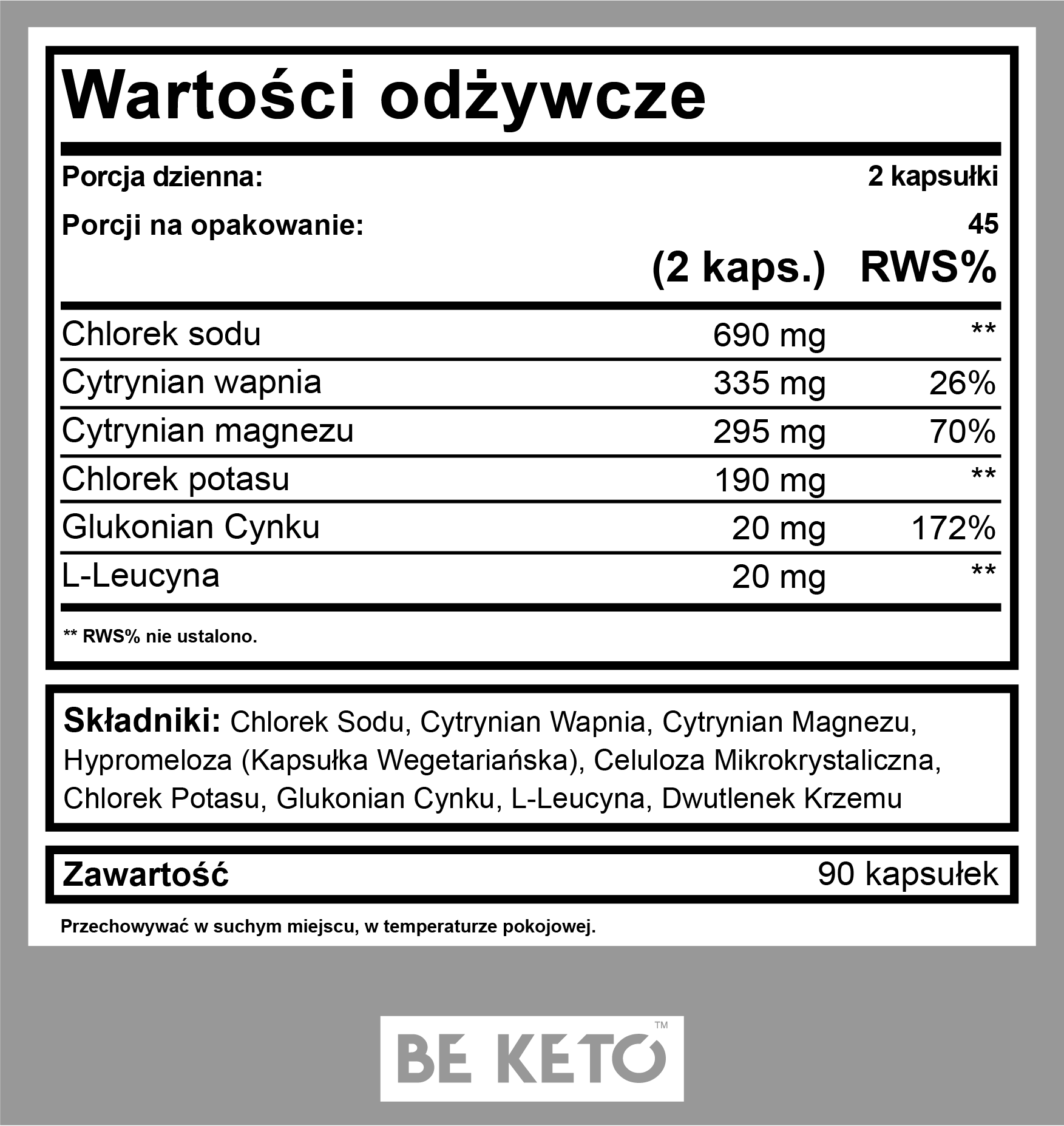 Etykieta przedstawia wartości odżywcze dla 2 kapsułek, w tym chlorek sodu 690 mg, cytrynian wapnia 335 mg (26% RWS), cytrynian magnezu 295 mg (70% RWS), chlorek potasu 190 mg, glukonian cynku 20 mg (172% RWS) i L-leucyna 20 mg. Na dole widoczne jest logo \'BE KETO\'.