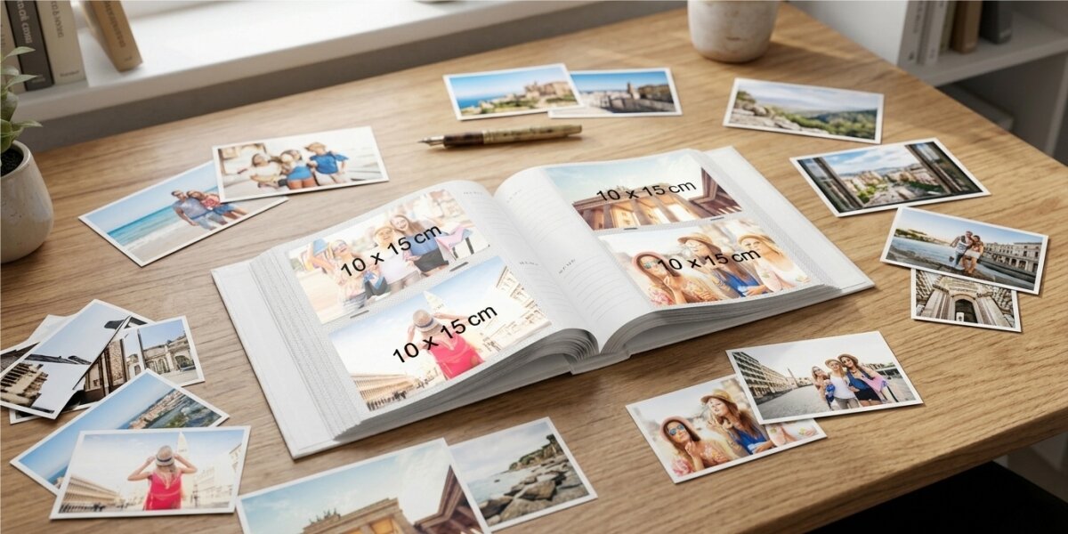 Na drewnianym stole leży otwarty album fotograficzny z włożonymi zdjęciami o wymiarach 10 x 15 cm. Wokół albumu rozłożone są różne fotografie przedstawiające krajobrazy i ludzi.