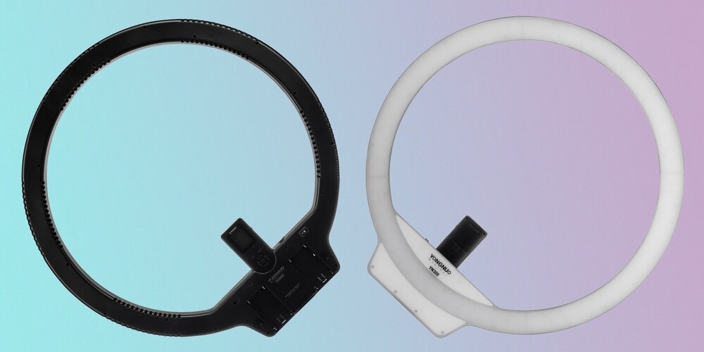 Lampa pierścieniowa LED Yongnuo YN308 zaprezentowana od przodu i tyłu na jednym banerze