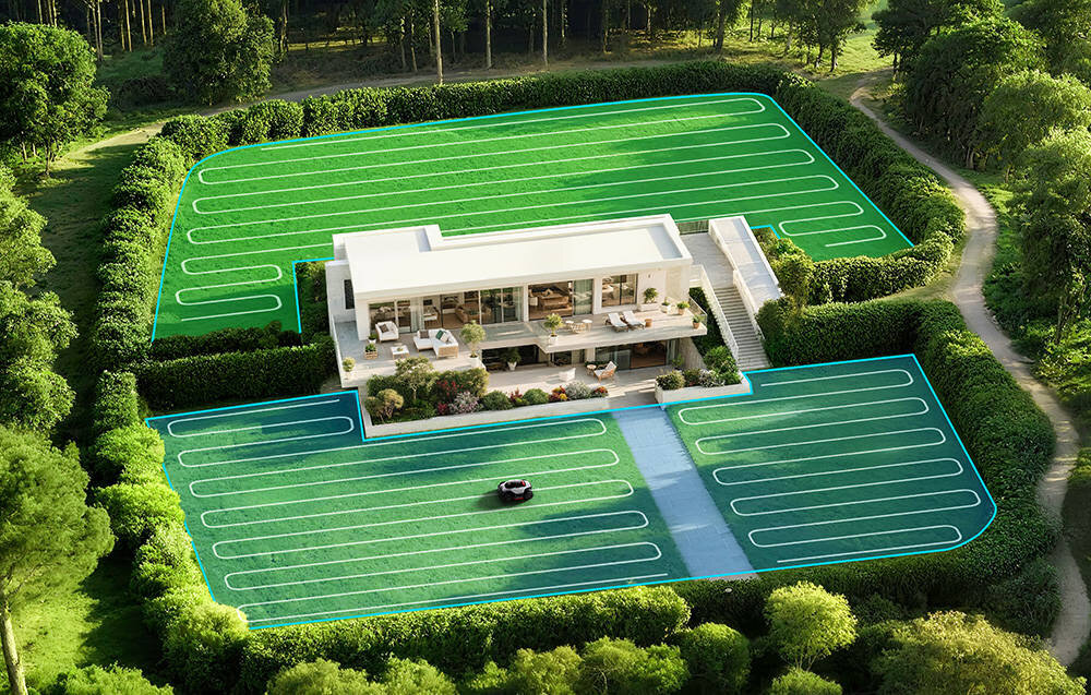 Robot koszący DREAME A3 AWD Pro 5000 ogród dom widok lekko z góry ogród kosi trawę linie pokazujące kierunek jazdy szybkie wyznaczanie granic i tworzenie map – do 1000 m² już w 15 minut ręcznie funkcja samodzielnego mapowania AI możliwość zapisania dwóch niezależnych map z odrębnymi harmonogramami i ustawieniami