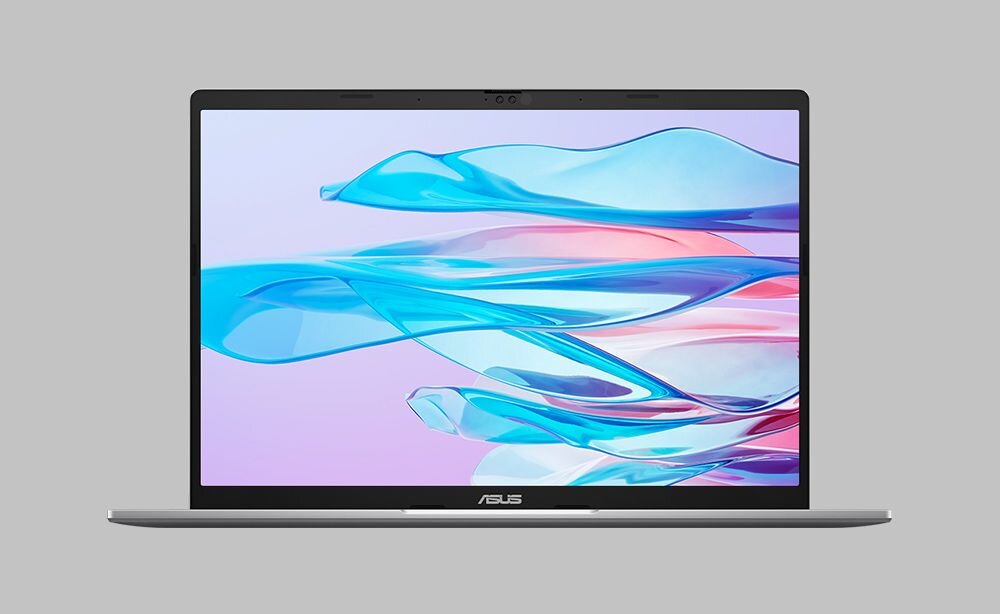 Otwarty laptop ASUS Vivobook S14 na jasnoszarym tle, ekran wyświetla abstrakcyjną grafikę z niebieskimi i różowymi falami, smukłe ramki ekranu i minimalistyczny design urządzenia. - Ekran FHD OLED 