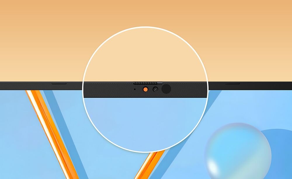 Zbliżenie na górną ramkę ekranu laptopa ukazuje przesłonę kamery FHD przedstawioną w powiększonym okręgu – technologia Windows Hello do logowania bez hasła w każdych warunkach oświetleniowych