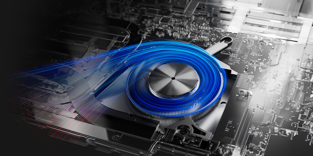 Przekrój systemu chłodzenia ASUS ProArt PX13 – przepływ powietrza przez otwory wentylacyjne i komory chłodzące