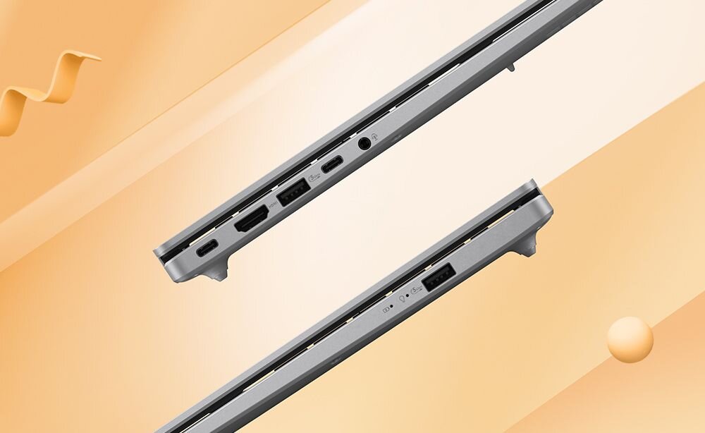 Dwa profile laptopa ASUS VivoBook pokazują porty USB‑C, HDMI i gniazda audio na jasnym tle z geometrycznymi elementami - Porty i łączność Wi-Fi 6 