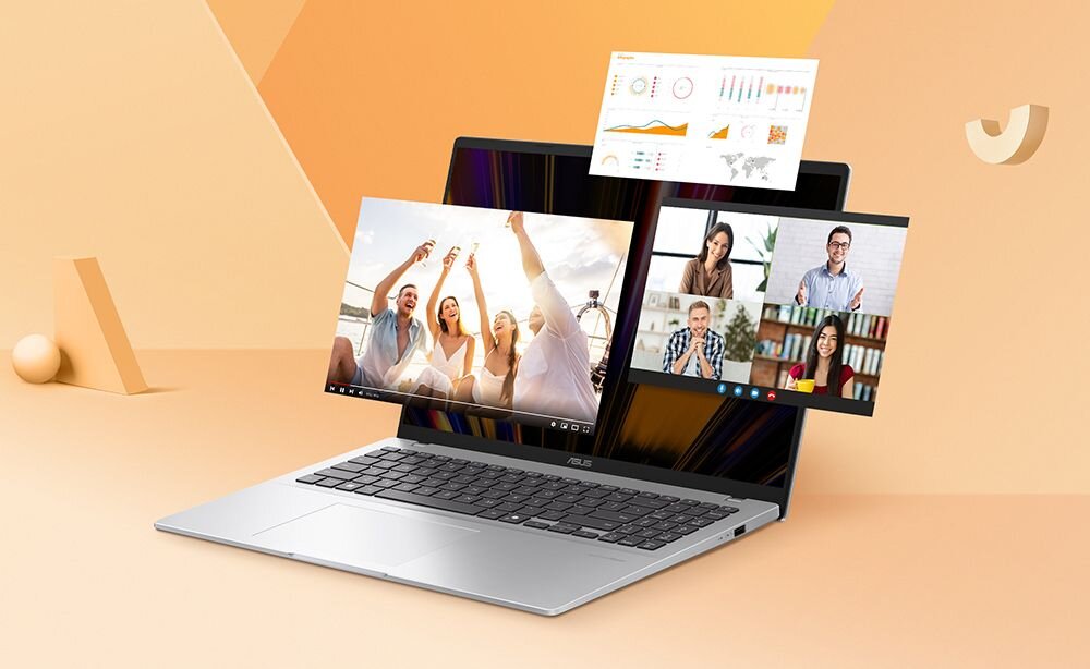 Laptop ASUS VivoBook pokazuje na ekranie wideorozmowę oraz grafiki i wideo, ilustrując korzystanie z wielu aplikacji jednocześnie - Procesor AMD Ryzen AI  