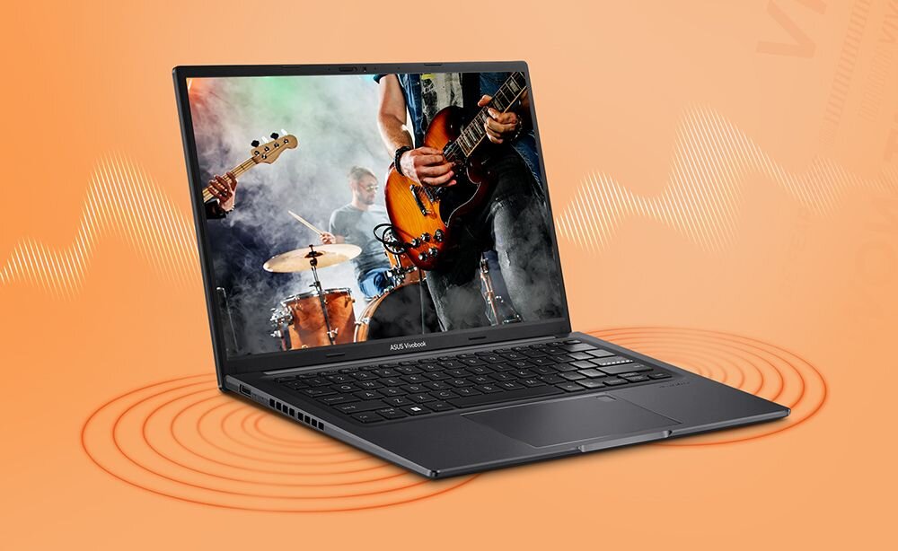 Grafika technologii Dirac Audio w laptopie ASUS VivoBook 14 ilustruje lepsze brzmienie podczas multimediów - Dirac 