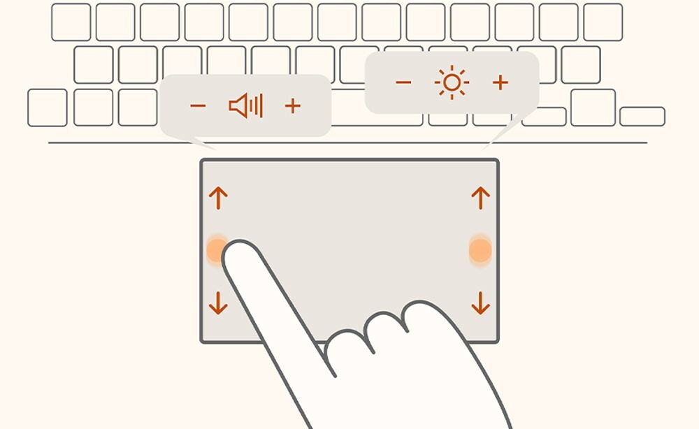 Ilustracja przedstawia klawiaturę z widocznym touchpadem, na którym narysowana jest dłoń wykonująca gest przesuwania w górę i w dół. Nad klawiaturą znajdują się ikony regulacji głośności i jasności ekranu z symbolami plus i minus.