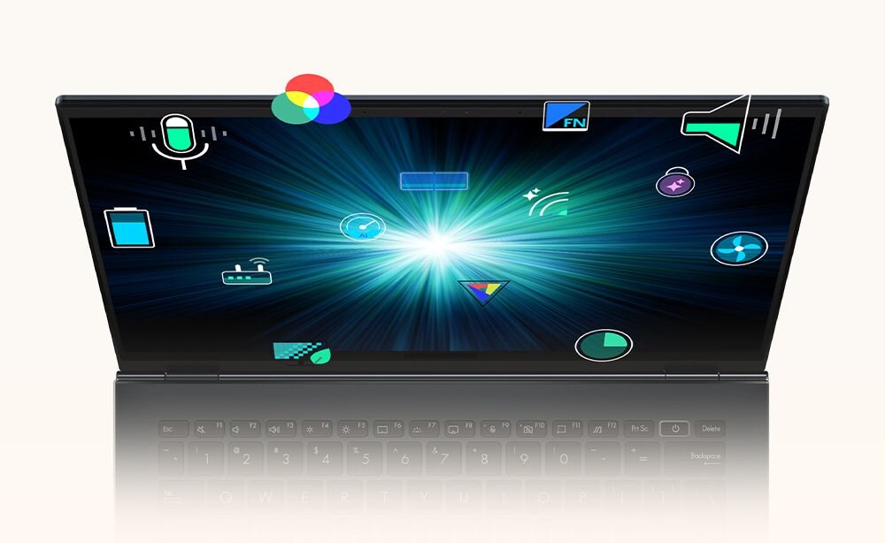 Obraz przedstawia otwarty laptop z ekranem wyświetlającym różne kolorowe ikony, takie jak mikrofon, bateria, głośnik i inne symbole technologiczne. Ekran emituje jasne światło w centrum, a klawiatura jest częściowo widoczna poniżej.