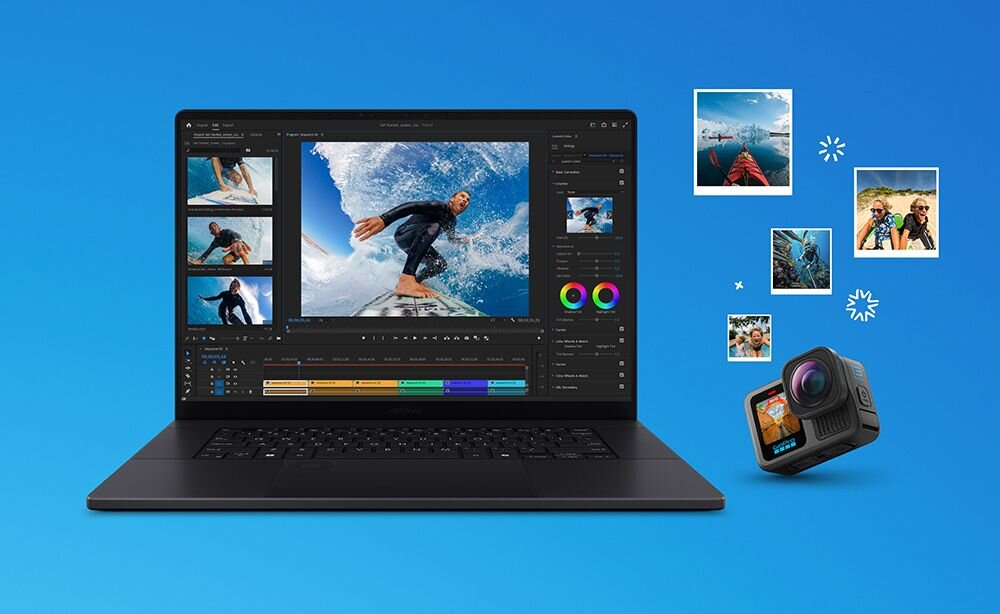 Na niebieskim tle znajduje się laptop z wyświetlonym na ekranie programem do edycji wideo, przedstawiającym osobę surfującą. Obok laptopa widoczna jest kamera sportowa oraz kilka małych zdjęć związanych z aktywnościami na świeżym powietrzu.
