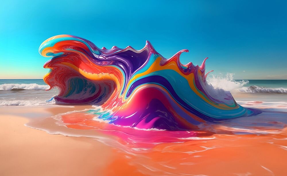 Obraz przedstawia kolorową falę na plaży, z intensywnymi odcieniami fioletu, różu, pomarańczu i niebieskiego. W tle widać spokojne morze i jasne, błękitne niebo.