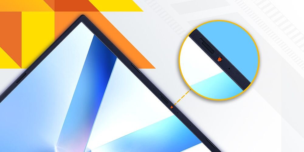 Kamera laptopa ASUS VivoBook 16 prezentuje fizyczną zasłonę zabezpieczającą na jasnym, graficznym tle – Fizyczna zasłona kamery