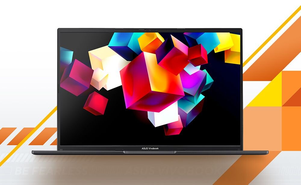 Laptop ASUS VivoBook 16 z ekranem o żywych kolorach wyświetla trójwymiarowe sześciany na jasnym tle – Ekran OLED 16:10