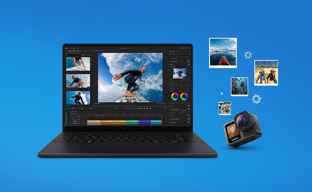 Na niebieskim tle znajduje się otwarty laptop z wyświetlonym programem do edycji wideo, obok którego widoczna jest kamera sportowa i kilka małych zdjęć przedstawiających sceny z surfingu i podróży.