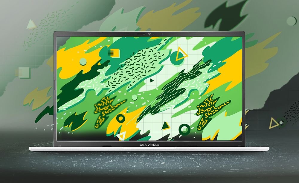 Laptop z widocznym logo \'ASUS Vivobook\' na dolnej ramce ekranu. Na ekranie wyświetlany jest kolorowy, abstrakcyjny wzór z elementami w odcieniach zieleni, żółci i czerni.