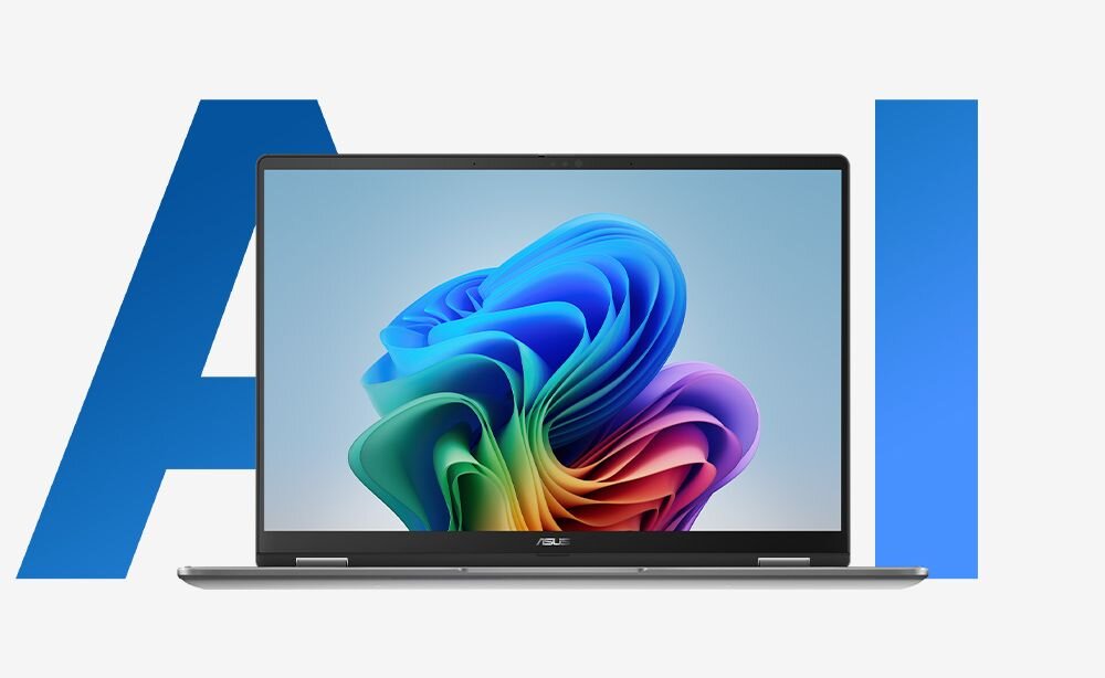 Laptop ASUS Vivobook 14 Flip TP3407SA-SG142W z funkcjami AI wyświetla kolorową grafikę na ekranie na tle dużego napisu AI w pracy kreatywnej