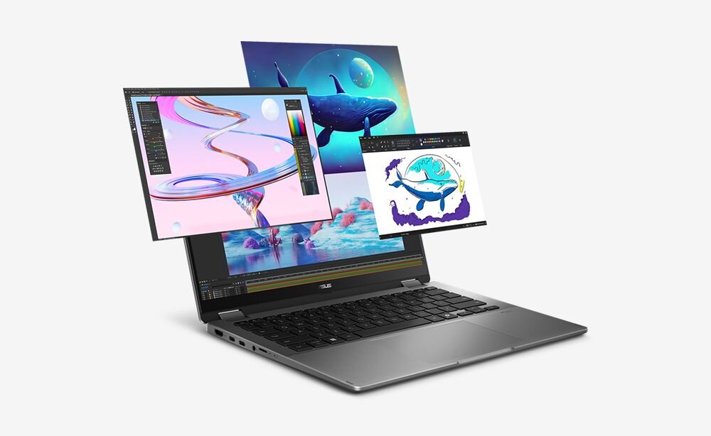 Laptop ASUS Vivobook 14 Flip TP3407SA-SG142W z wydajnym procesorem Intel Core Ultra 7-256V wyświetla aplikacje graficzne i projekty podczas pracy kreatywnej i multitaskingu
