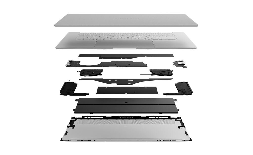 Rozłożona konstrukcja laptopa ASUS Zenbook prezentuje ciche podzespoły i zoptymalizowaną budowę ułatwiającą chłodzenie - Poziom hałasu wentylatorów poniżej 25 dB 