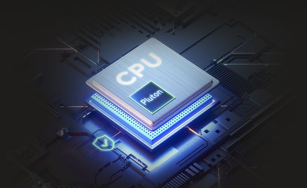 Grafika przedstawia moduł zabezpieczeń Microsoft Pluton w procesorze laptopa ASUS Zenbook na podświetlonej płycie głównej - Microsoft Pluton AMD Ryzen AI TPM 2.0