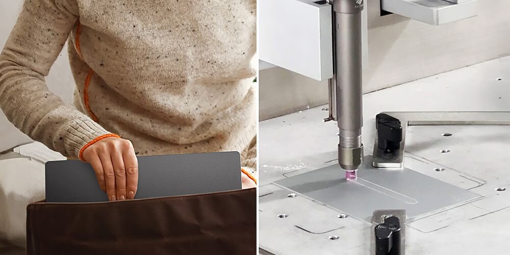 Laptop ASUS Zenbook jest wkładany do torby, obok pokazanej precyzji produkcji aluminiowej obudowy w procesie CNC - Dla twórców i profesjonalistów 