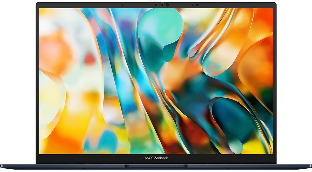 Laptop z wyświetlaczem OLED prezentujący kolorową, abstrakcyjną grafikę. Na dolnej ramce ekranu widoczny jest napis \'ASUS Zenbook\'.