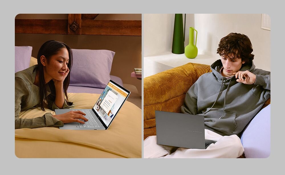 Po lewej stronie kobieta leży na łóżku z laptopem ASUS Vivobook S14 w kolorze srebrnym, pracując na pościeli w odcieniach beżu i fioletu; po prawej mężczyzna w szarej bluzie siedzi na żółtej sofie z laptopem ASUS Vivobook S14 w kolorze czarnym, w tle jasne wnętrze z zielonym wazonem.  - Długi czas pracy baterii