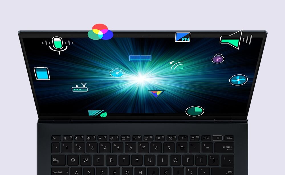 Laptop z otwartym ekranem, na którym widoczne są kolorowe ikony symbolizujące różne funkcje, takie jak mikrofon, głośnik, bateria i inne. Klawiatura jest czarna, a ekran wyświetla efekt świetlny w centrum.