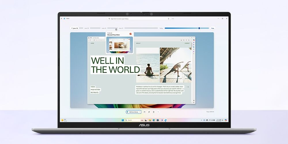 Laptop z widocznym ekranem, na którym otwarte są różne aplikacje, w tym tekst \'WELL IN THE WORLD\'. Na dolnej ramce ekranu znajduje się logo \'ASUS\'.