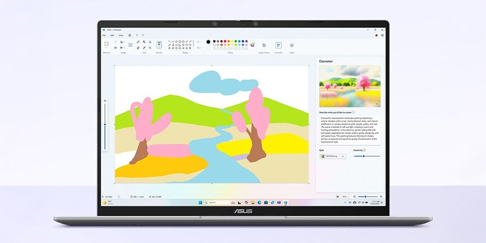Na ekranie laptopa wyświetlony jest program do rysowania z kolorowym obrazkiem przedstawiającym krajobraz z rzeką, drzewami i wzgórzami. Na dole ekranu widoczne jest logo ASUS.