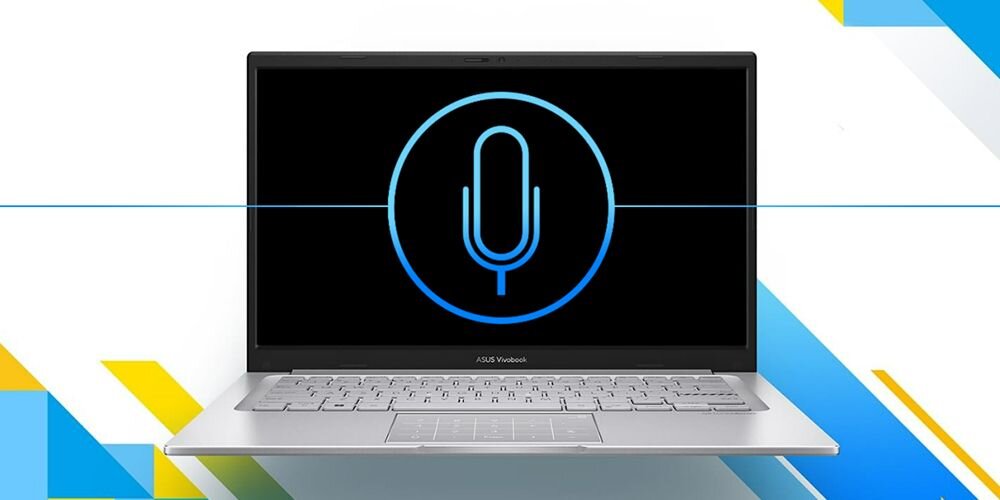 Laptop z otwartym ekranem, na którym widoczna jest ikona mikrofonu na czarnym tle. Na obudowie pod ekranem znajduje się napis \'ASUS Vivobook\'.