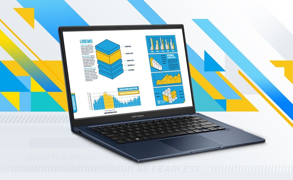 Laptop ASUS Vivobook z otwartym ekranem, na którym widoczne są kolorowe wykresy i diagramy. Obudowa laptopa jest ciemna, a w tle znajdują się geometryczne wzory w kolorach niebieskim, żółtym i białym.