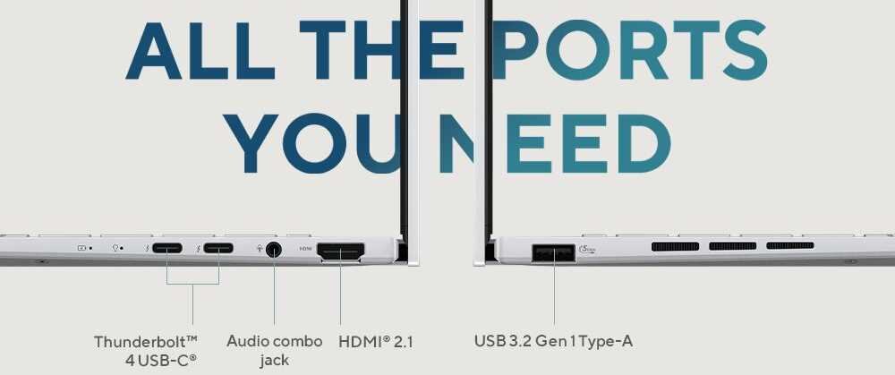 Obraz przedstawia dwa laptopy z widocznymi portami na bokach. Widoczny tekst to: \'ALL THE PORTS YOU NEED\', a poniżej opisane są porty: Thunderbolt™ 4 USB-C®, Audio combo jack, HDMI® 2.1, USB 3.2 Gen 1 Type-A.