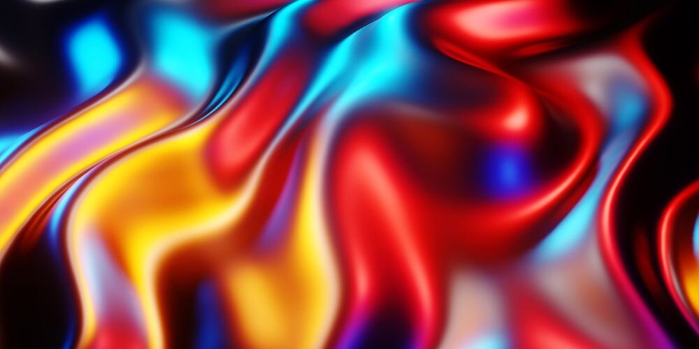 Obraz przedstawia abstrakcyjne fale w intensywnych kolorach, takich jak czerwony, niebieski, żółty i czarny, tworzące efekt płynnego ruchu.