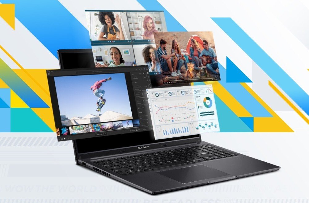 Laptop ASUS Vivobook z otwartym ekranem, na którym wyświetlane są różne aplikacje i obrazy, w tym wideokonferencja, edytor wideo i wykresy. W tle widoczne są kolorowe, geometryczne wzory.