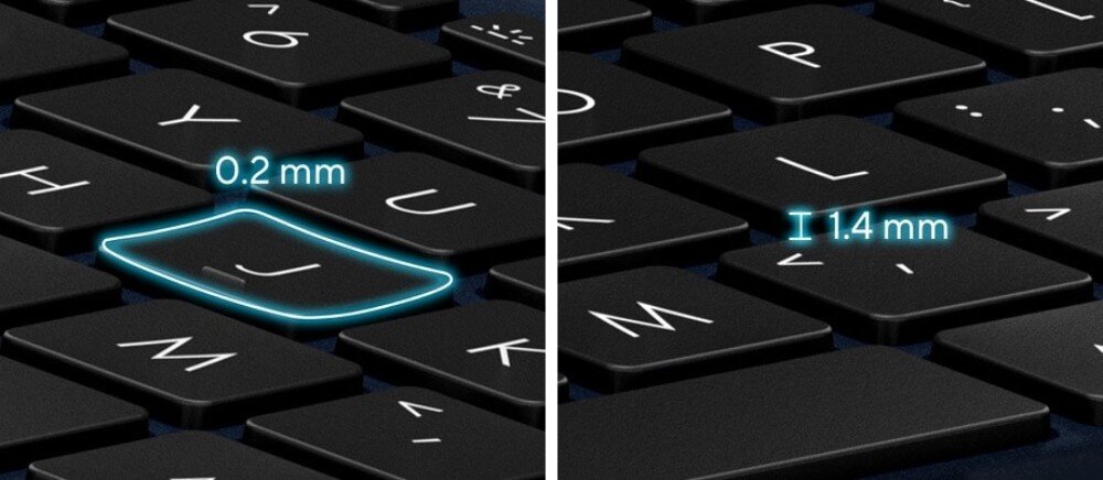 Obraz przedstawia klawiaturę z klawiszami oznaczonymi literami, z podświetlonym klawiszem \'J\' i tekstem \'0.2 mm\' oraz klawiszem \'L\' z tekstem \'1.4 mm\'.