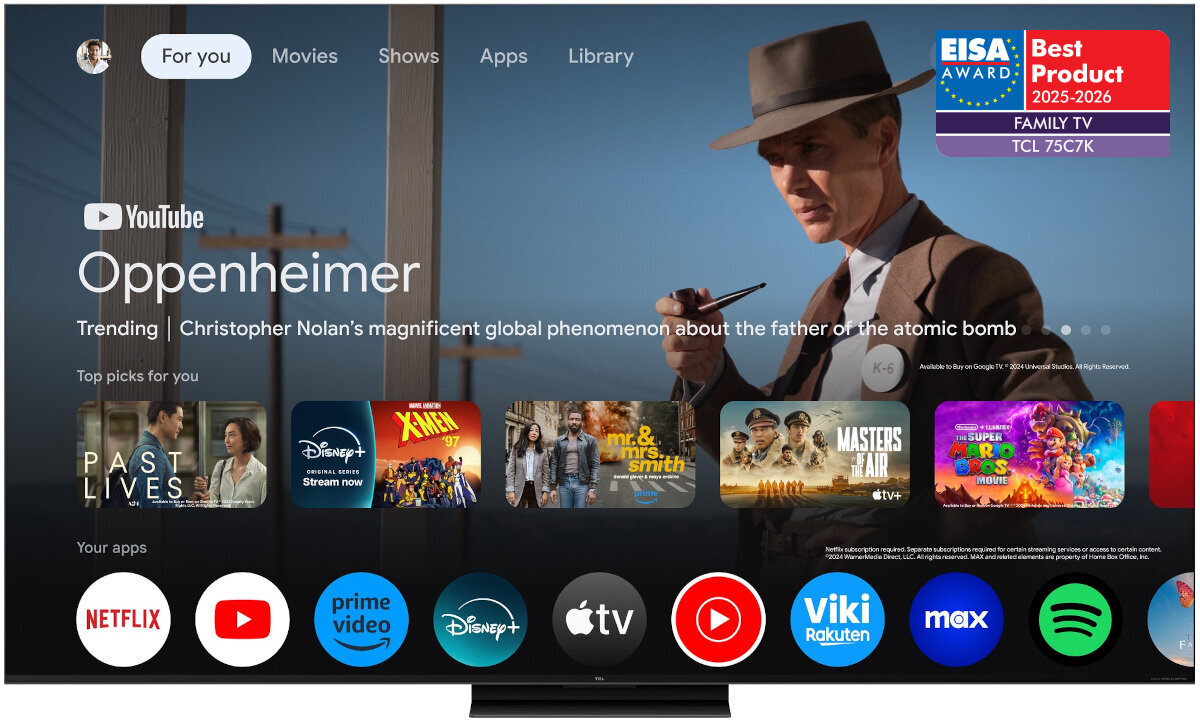 Telewizor TCL 75C7K - Niespotykany obraz i dźwięk, telewizor od frontu