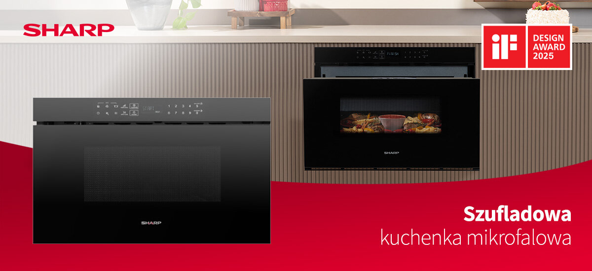 Kuchenka mikrofalowa SHARP RINDS333FB Na grafice przedstawiono szufladową kuchenkę mikrofalową SHARP w eleganckiej, czarnej zabudowie kuchennej. Obok urządzenia widać logo marki, wyróżnienie iF Design Award 2025 oraz napis promujący produkt