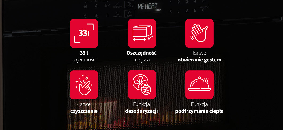 Kuchenka mikrofalowa SHARP RINDS333FB Zzdjęcie przedstawia ekran panelu dotykowego w kuchence mikrofalowej, na którym znajdują się różne funkcje i ustawienia, takie jak główne miejsca, przełącznik nie otwierający gestem, urządzenia, dezodoracja oraz podtrzymanie ogrzewania mikrofalówka szufladowa do zabudowy czarna Flat Table 33l 900W 11 poziomów mocy