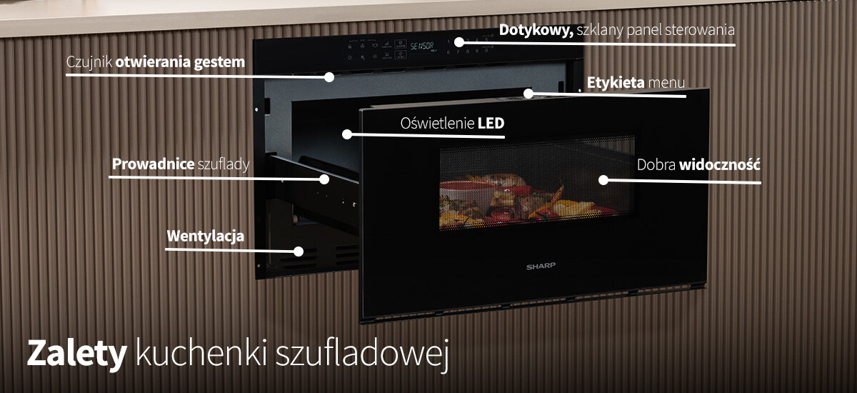 Kuchenka mikrofalowa SHARP RINDS333FB Zdjęcie przedstawia zbliżenie panelu sterującego kuchnią mikrofalową z oznaczeniami czujników otwierania gestem, etykietami menu, oświetleniem LED, prowadnicami szuflad, wentylacją oraz dobrą jasnością, właściwościami szuflada mikrofalówki pełny wysuw LED Flat Table wygoda ergonomia
