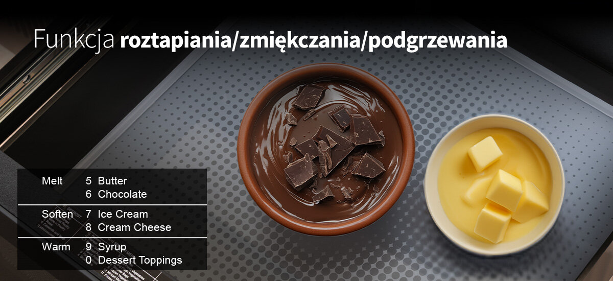 Kuchenka mikrofalowa SHARP RINDS333FB Zdjęcie przedtawia miseczki z masłem i czekoladą oraz rozpisane poziomy mocy odpowiedające funkcjom roztapianie zmiękczanie podgrzewanie automatyczne funkcje wygoda kuchnia