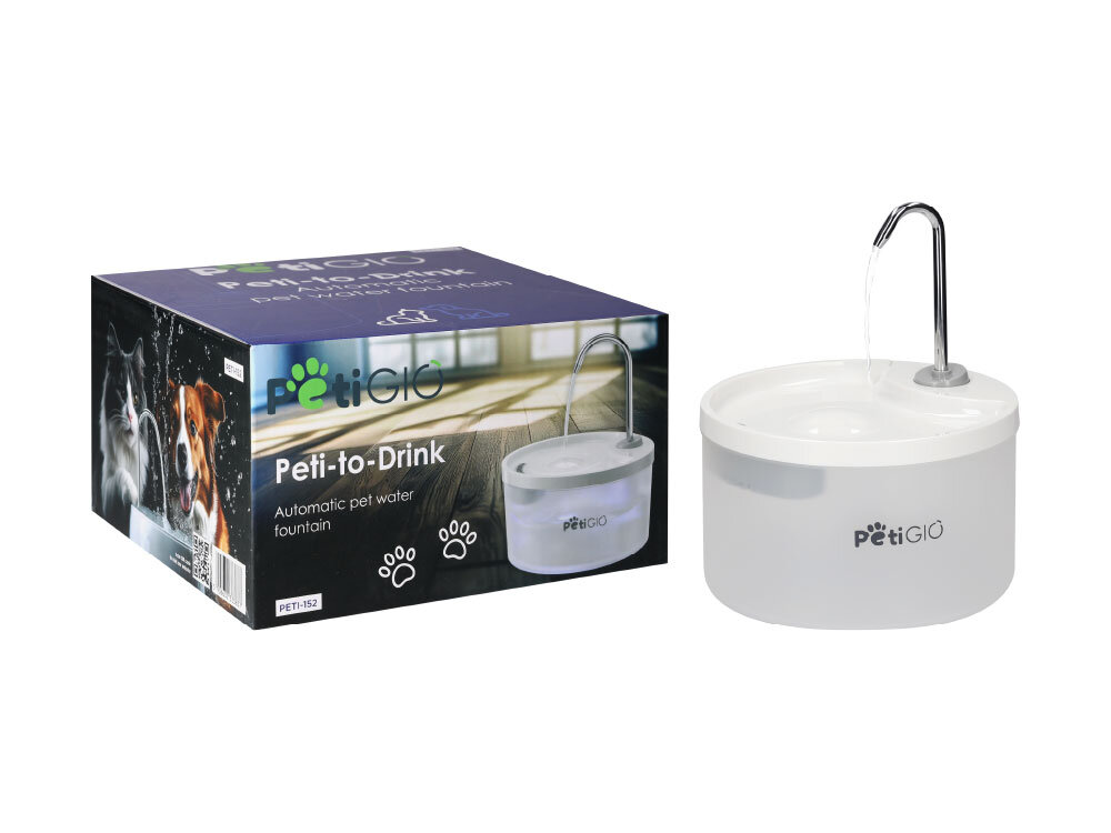 Na obrazie znajduje się biała fontanna dla zwierząt z logo \'PETiGiO\' oraz pudełko z napisem \'Peti-to-Drink Automatic pet water fountain\'.