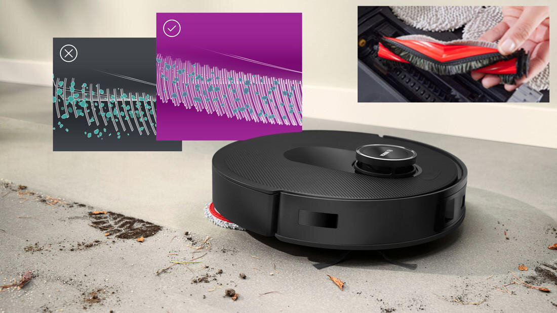 Robot sprzątający BOSCH BCRDW3BAB Szczotka Carbon Power Brush usuwa zabrudzenia z każdego rodzaju podłogi cienkie, gęsto rozmieszczone włosie z drobnymi cząsteczkami brudu, warstwą kurzu, dywanem czy drewnianą podłogą