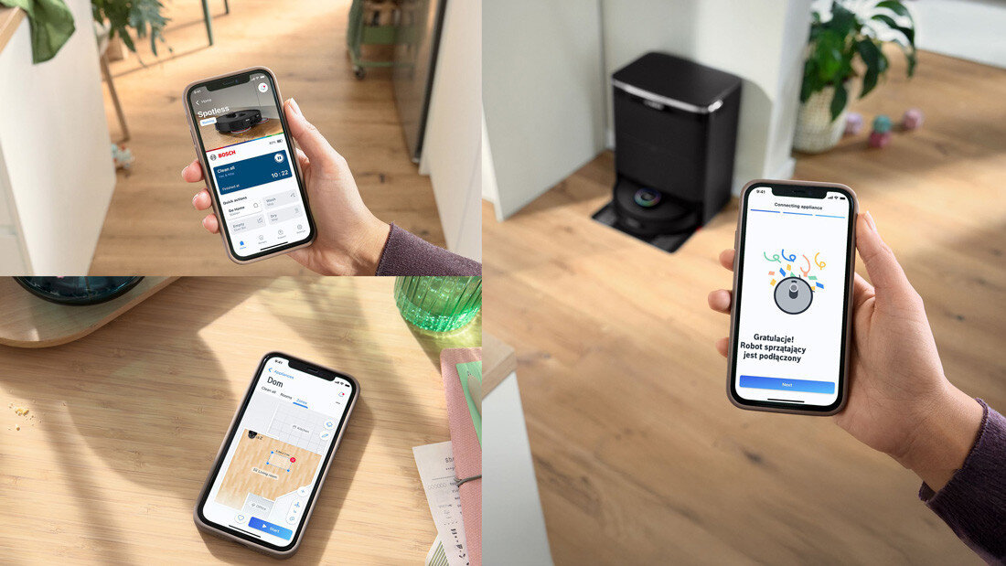 Robot sprzątający BOSCH BCRDW3BAB Aplikacja Bosch Home Connect Przejrzyste powiadomienia płynne sterowanie łatwy dostęp do wszystkich funkcji