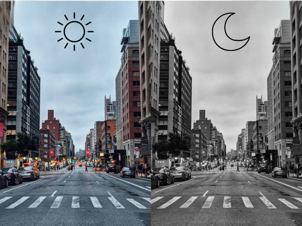 Obraz przedstawia miejską ulicę z wysokimi budynkami po obu stronach. Po lewej stronie widoczny jest symbol słońca, a po prawej symbol księżyca.