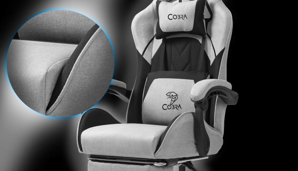 Fotel COBRA Player 5.0 CRF50 Jasnoszaro-czarny + podnóżek pianka o dużej gęstości oddychające materiały solidna metalowa rama pięcioramienna podstawa regulacja wysokoci siedziska od 46 do 56 cm oraz pochylenia oparcia od 90° do 135°