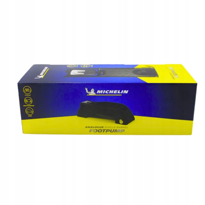 Pudełko z napisem \'MICHELIN\' oraz \'ANALOGUE SINGLE BARREL FOOTPUMP\' w kolorach niebieskim i żółtym. Widoczne są ikony roweru, motocykla i samochodu.